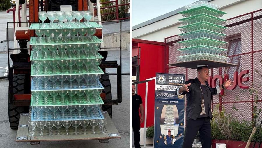 Έσπασε ρεκόρ Γκίνες ο Αριστοτέλης Βαλαωρίτης-Έβαλε στο κεφάλι του 511 ποτήρια